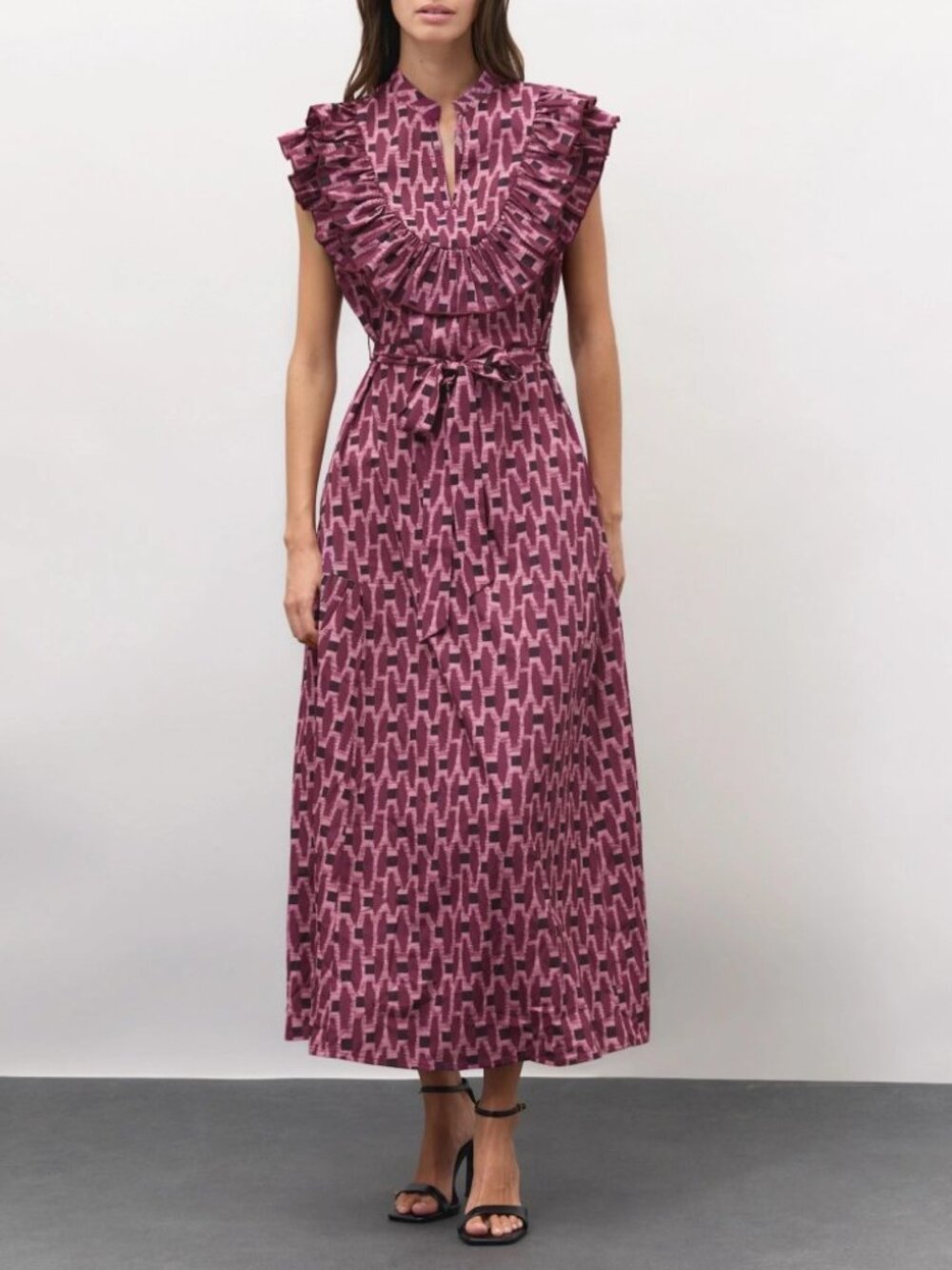 Red / Pink Geometric Print Ruffle Trim Maxi Dress with Tie Waist